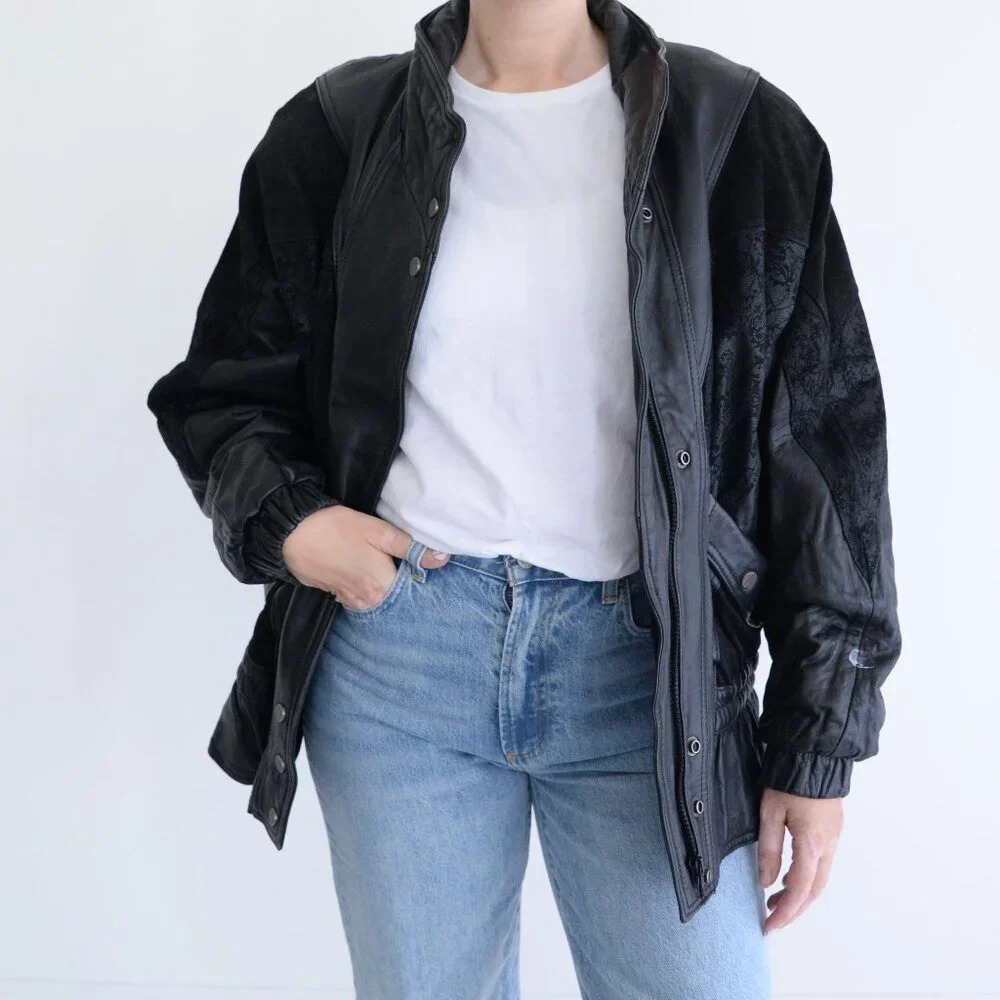 Vintage GIII Black Floral Leather Suede Embroidered Zip Bomber Moto Jacket M